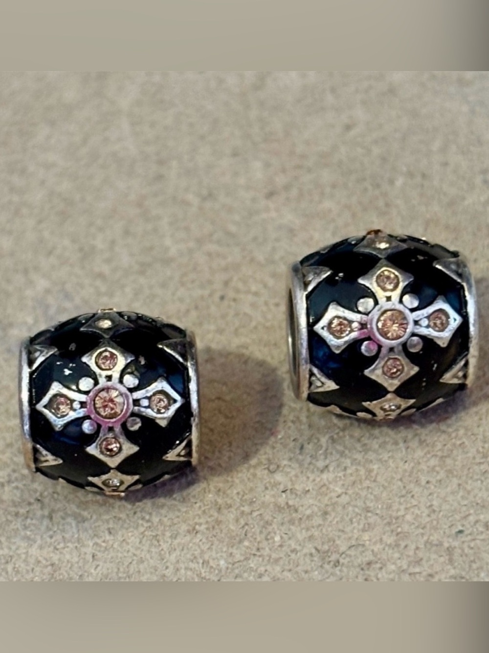 Two Brighton Onyx Cross beads Silver crosses Black enamel Gold crystals Retired